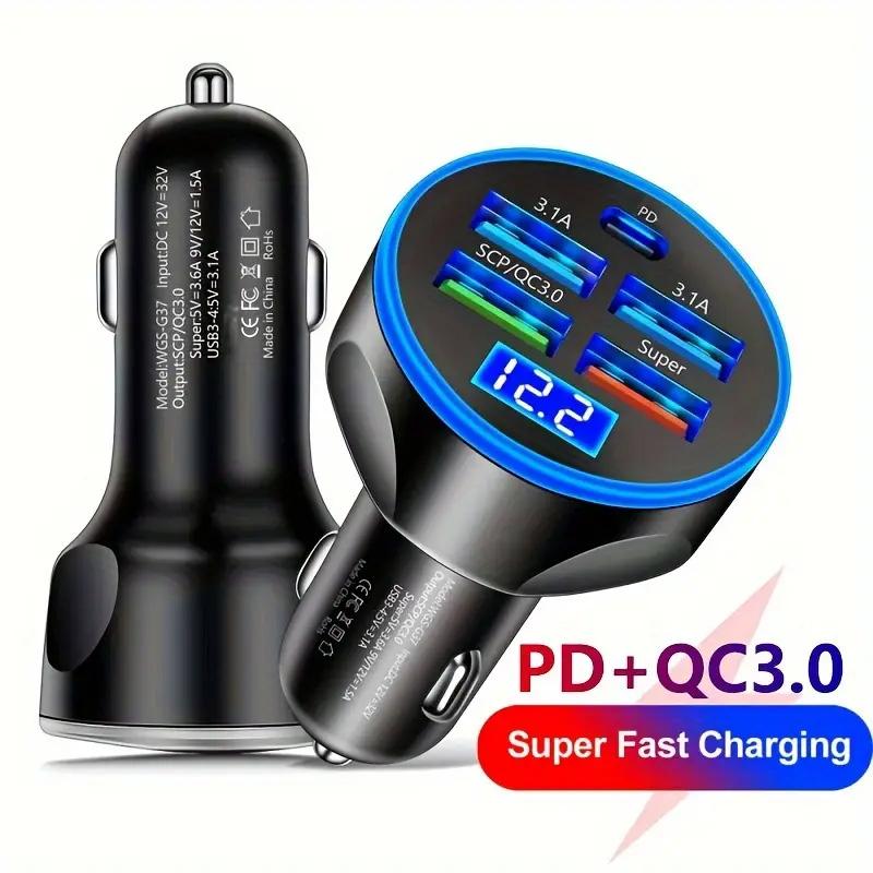

250W 5in1 Car Charger Adapter USB Type C PD Fast Charging Quick Charge LED Digital Display Mobile Phone for Iphone Xiaomi Huawei Black