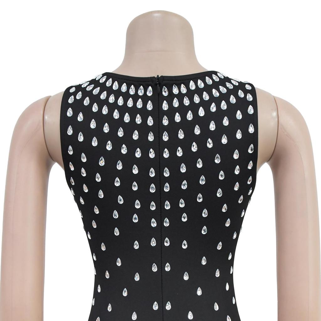 C7117 Fashion Women's Sleeveless U-neck Bodycon Dress with Hot Drilling, European and American Style.