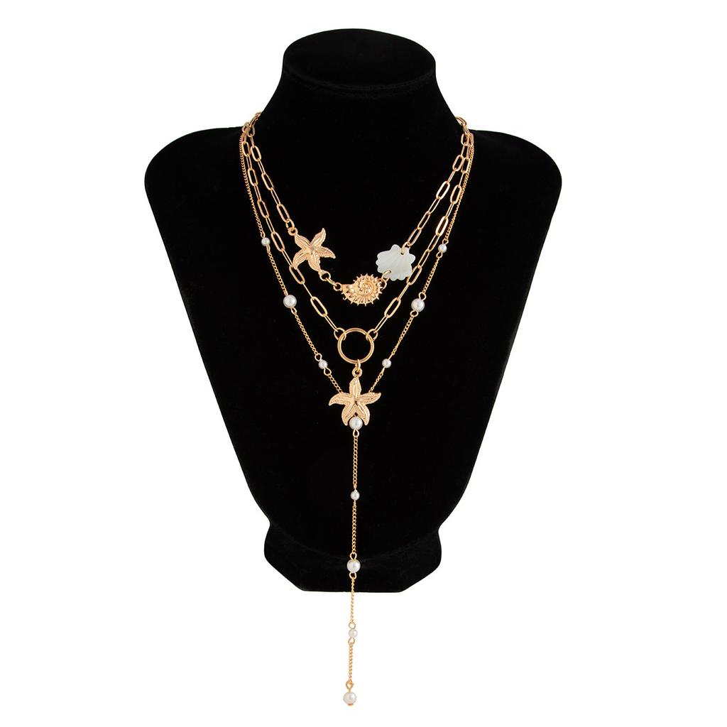 Starfish Pearl Necklace Set Conch Scallop Flat Snake Chain Necklace Set