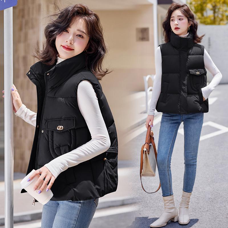 

Жилет большого размера с карманом и воротником-стойкой, женский, короткий, осенне-зимний, новый корейский вариант, свободный, легкий, пуховый жилет, жилет XXL