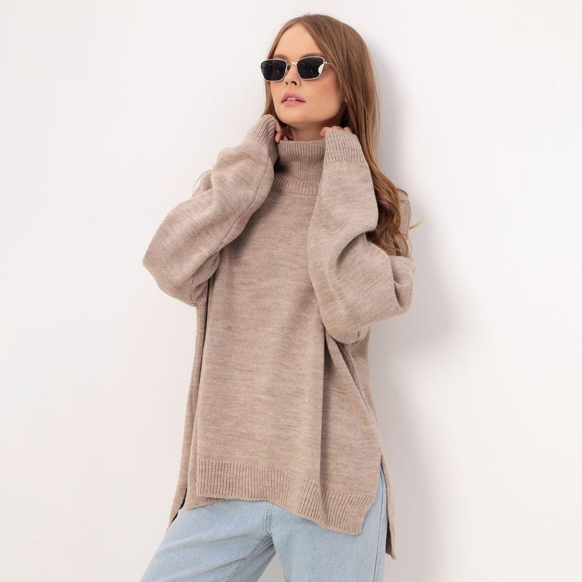 Женский осенне-зимний повседневный вязаный свитер с высоким воротником и длинными рукавами L верблюд