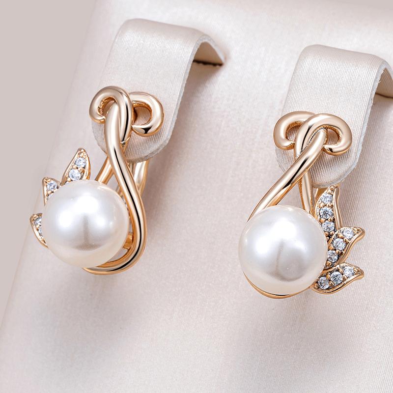Luxury Crystal Flower Pearl Dangle Earrings For Women Trendy  Rose Gold Color With Natural Zircon Daily Fine Jewelry