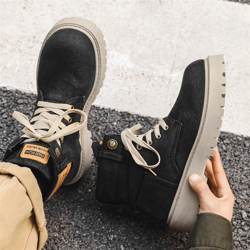 New Autumn Men's Denim Boots Vintage Black High Boots Men Outdoor Streetwear Tooling Boots Men Casual Ankle Boots Botas Hombre