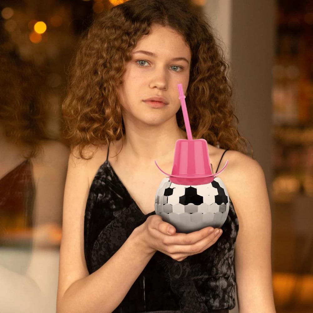 2pcs Disco Ball Cups Pink Cowgirl Hat Mirror Party Cup with Straws Silver 70s Cocktail Cup Sparkling Tumbler Wine Glass