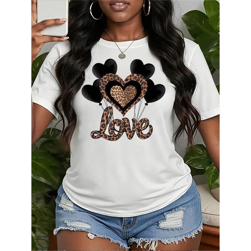 European size Women s Valentine s Day LOVE Balloon  Heart Print Blouse - Short Sleeve Round Neck Top with Cute Love Balloons S белый