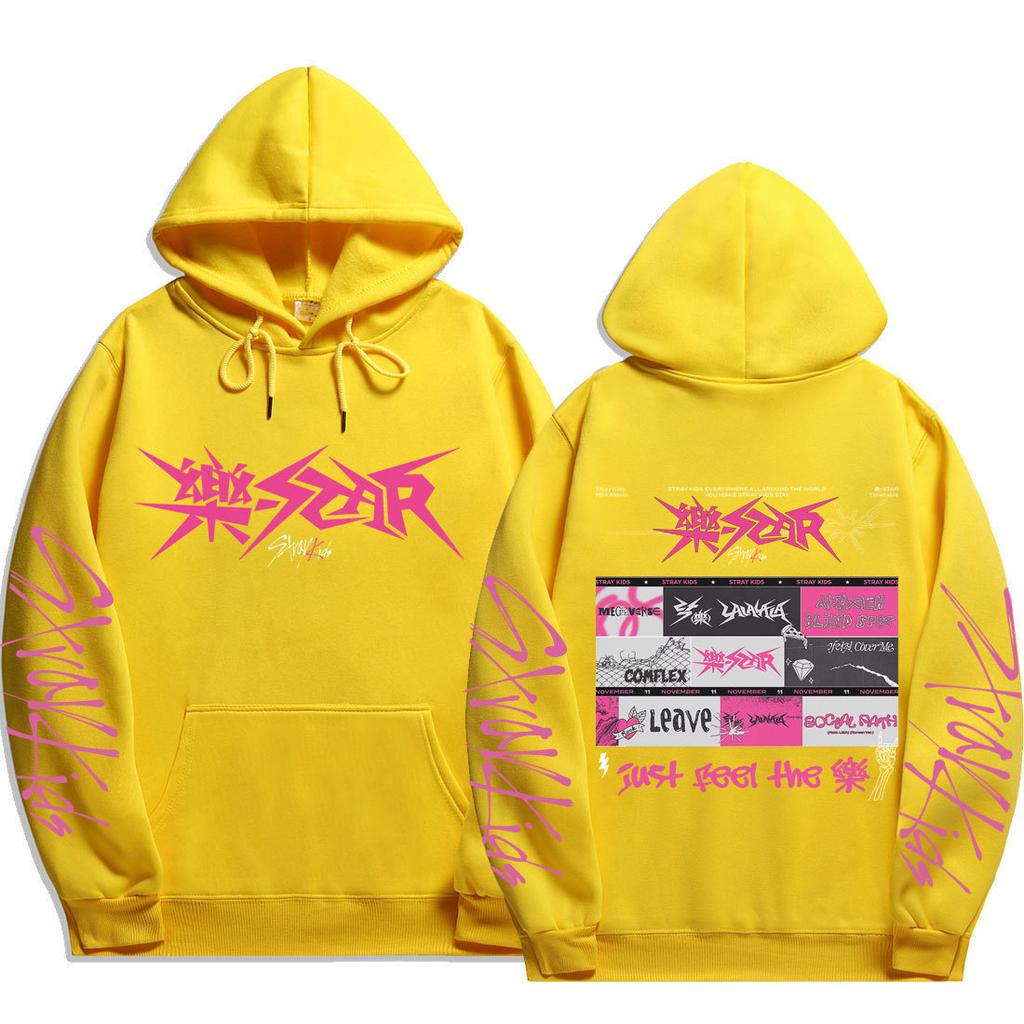 Stray Kids Pullover Hoodie Front Pink Punk Logo Vintage Punk Graphic Song Titles Just Feel Drawstring Hood Oversized Unisex K‑Pop Streetwear Fan Merch