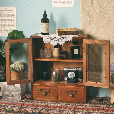 1 buc Lemn Masiv Vintage Vitrină cu Uși Duble Sertar pentru Diverse Cosmetice Cutie de Depozitare din Lemn pentru Desktop