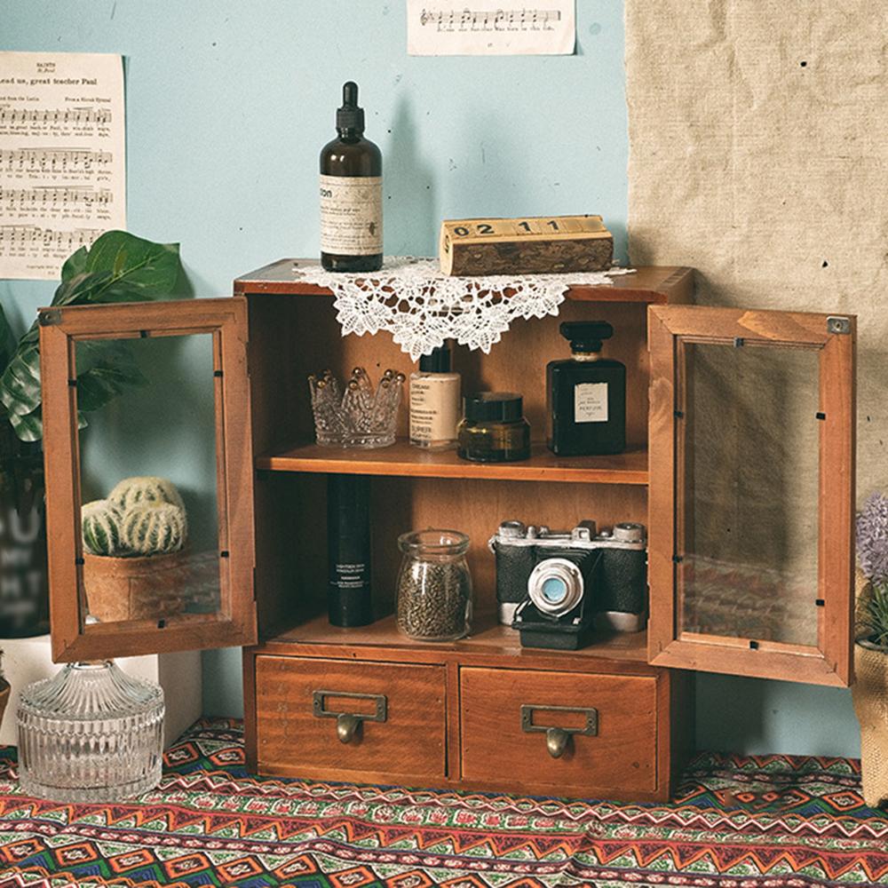 1PC Solid Wood Vintage Double Door Display Cabinet Sundry Cosmetics Drawer Wooden Desktop Storage Box