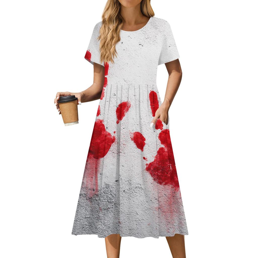 Women's Casual Fashion Halloween Printed Short Sleeve Round Neck Dress
