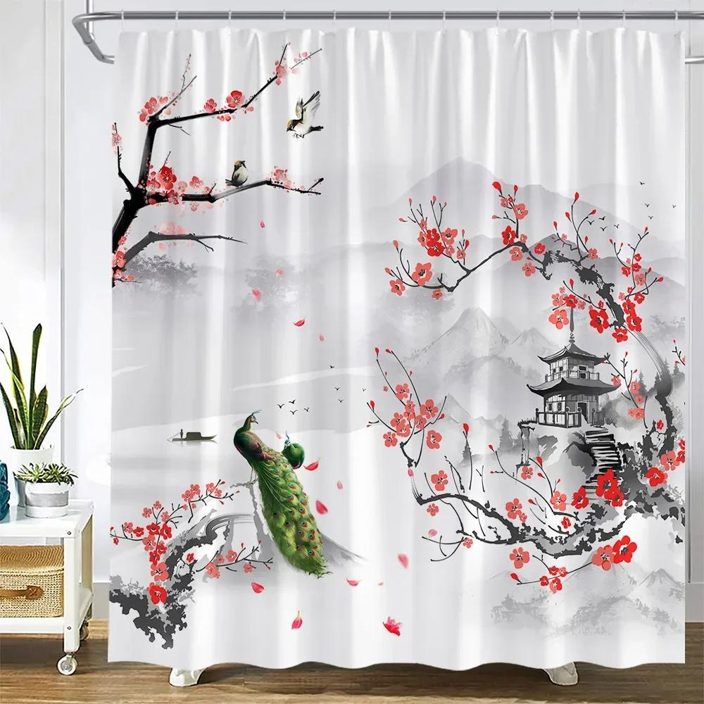 Ink Landscape Shower Curtains Red Flowers Plants Peacocks Birds Mountain Pavilion Chinese Style Art Fabric Bathroom Decor Sets