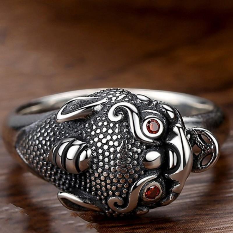 Adjustable Open Ring With Pixiu Fortune Beast Motif Sterling Unisex Vintage Style Finger