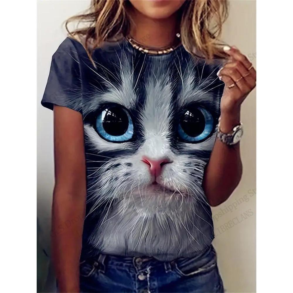 T-Shirt Cartoon Süßes Tier Katze Hübsch 3D-Druck T-Shirt Damen Mode Kurzarm Lässige Tops T-Shirts Damenbekleidung