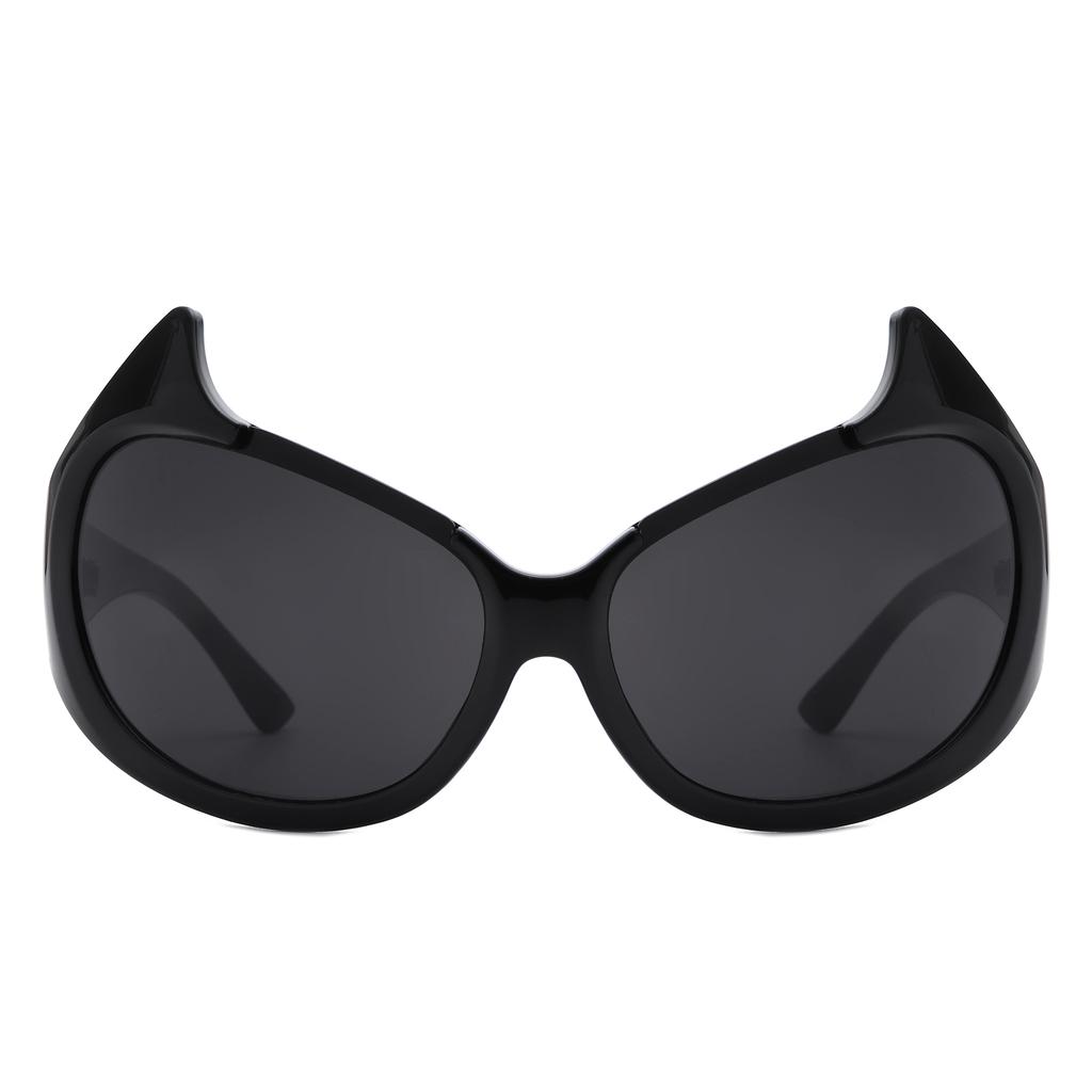 MAXJULI Devil Horned Sunglasses Women Oversized Oval Wrap Around Cat Eyes UV400 Protection W8241