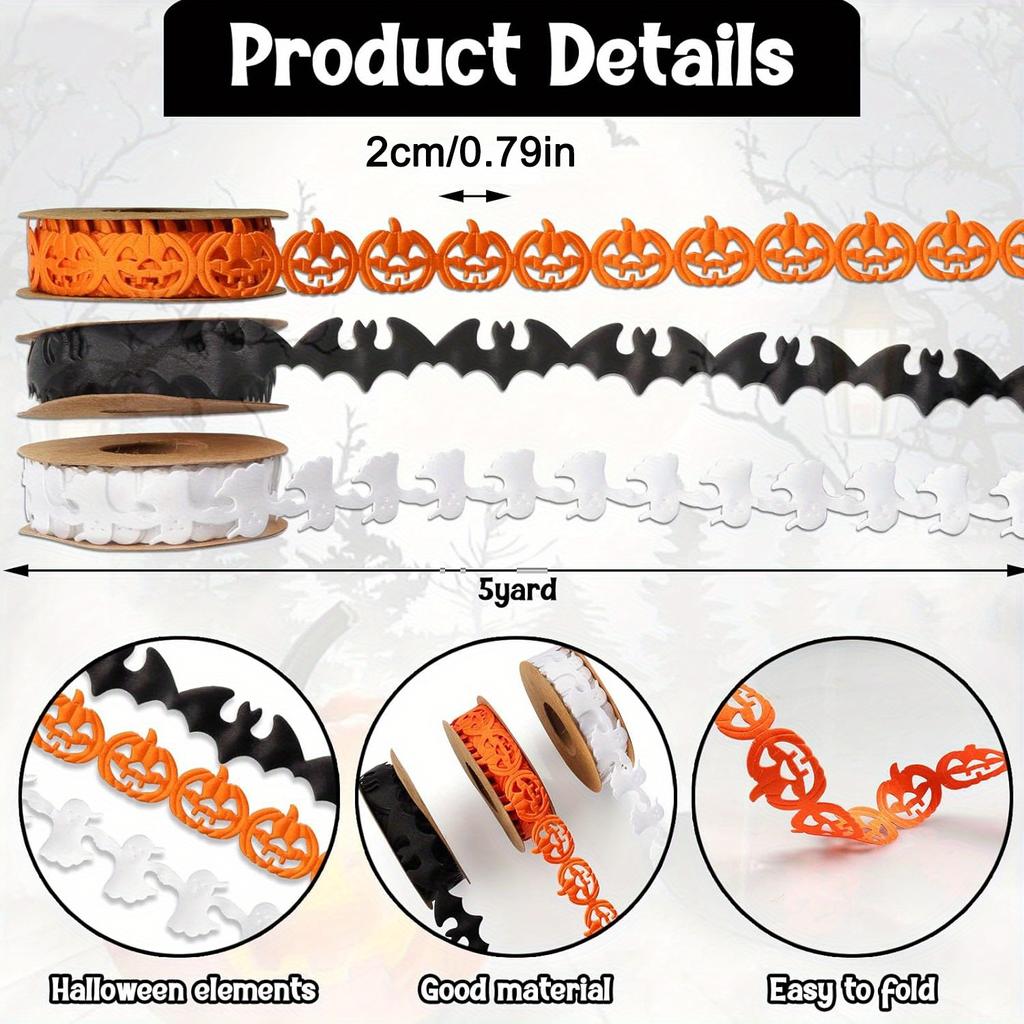 3 Rolki 15 Jardów Wstążek Halloweenowych, Czarne Białe Pomarańczowe Wstążki Halloweenowe Kształt Dyni Nietoperza Ducha Wstążki Rzemieślnicze Ozdoba do Pakowania Prezentów