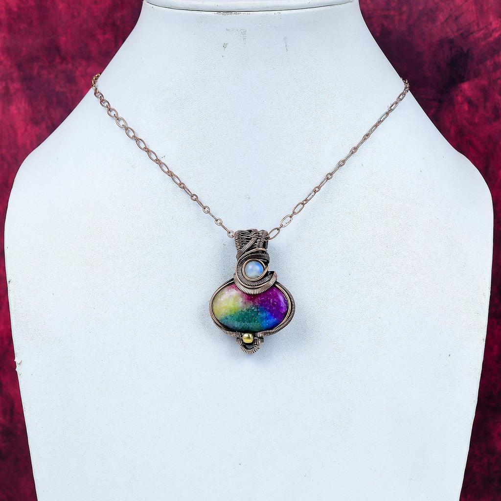 Regenbogen-Solarquarz-Druse Anhänger Kupferdraht umwickelt Regenbogenmondstein Schmuck