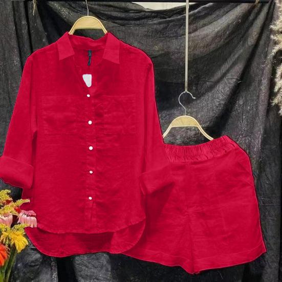 2 Pcs/Set Women Shirt Shorts Set Solid Color Loose Long Sleeves Elastic Waist Single-breasted Patch Pockets Irregular Hem Lapel Casual