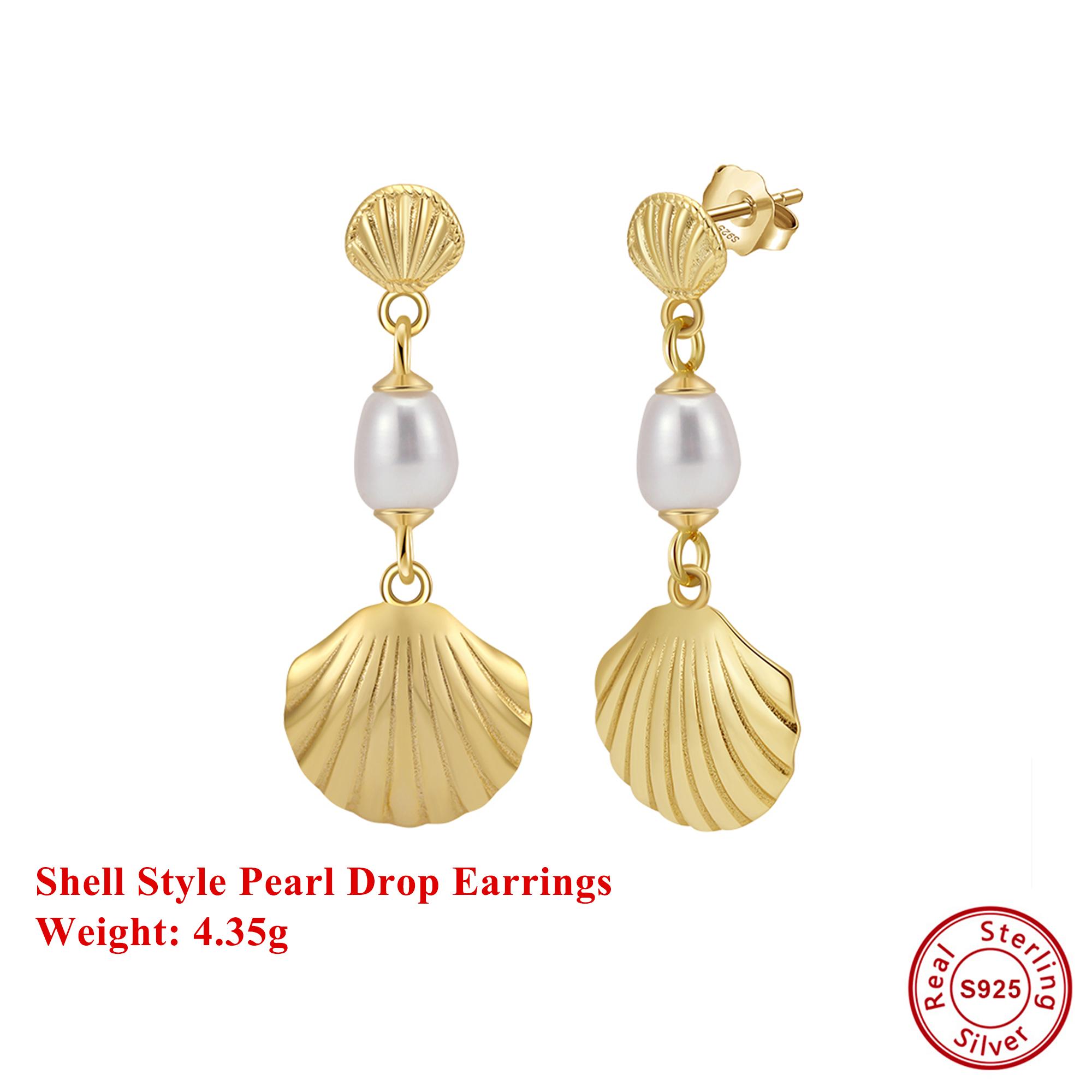 

Effie Queen 925 Pure Silver 14k Gold Shell & Pearl Drop Earrings Natural Jewelry for Women Summer Beach Ear Accessories GPE114
