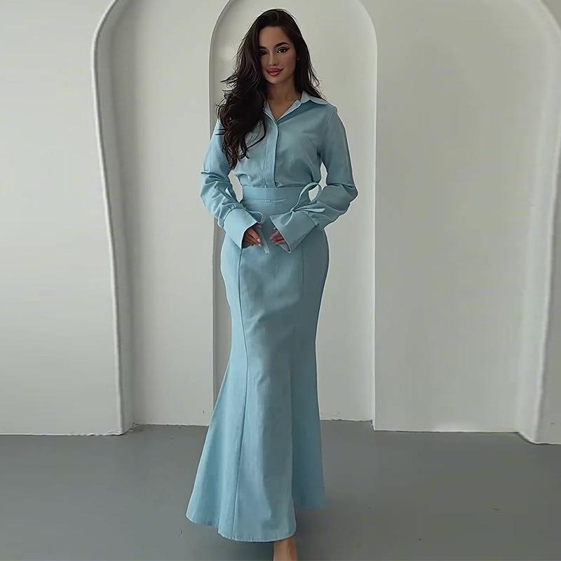 2024 Autumn Women's Solid Color Shirt & High Waist Skirt Set with Turn-down Collar and Long Sleeves