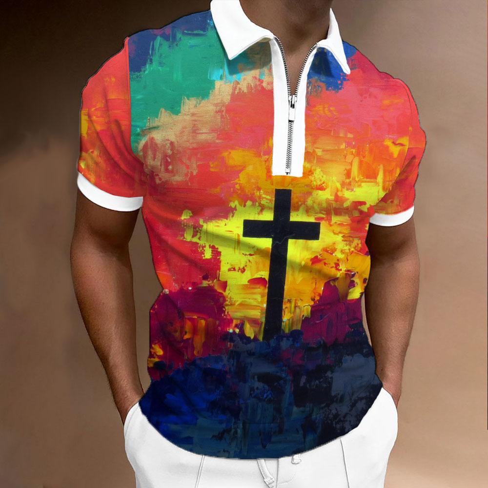 Independent Station Hot Sale Men'S Polo Shirt 3D Digital Printing Casual Trend Zipper Short Sleeve Shirt