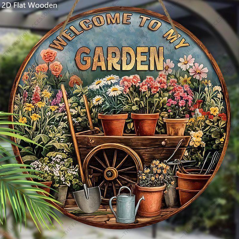 Welcome To My Garden Floral Round Wooden Hanging Sign, 2D Flat Wooden Garden Front Door Decor