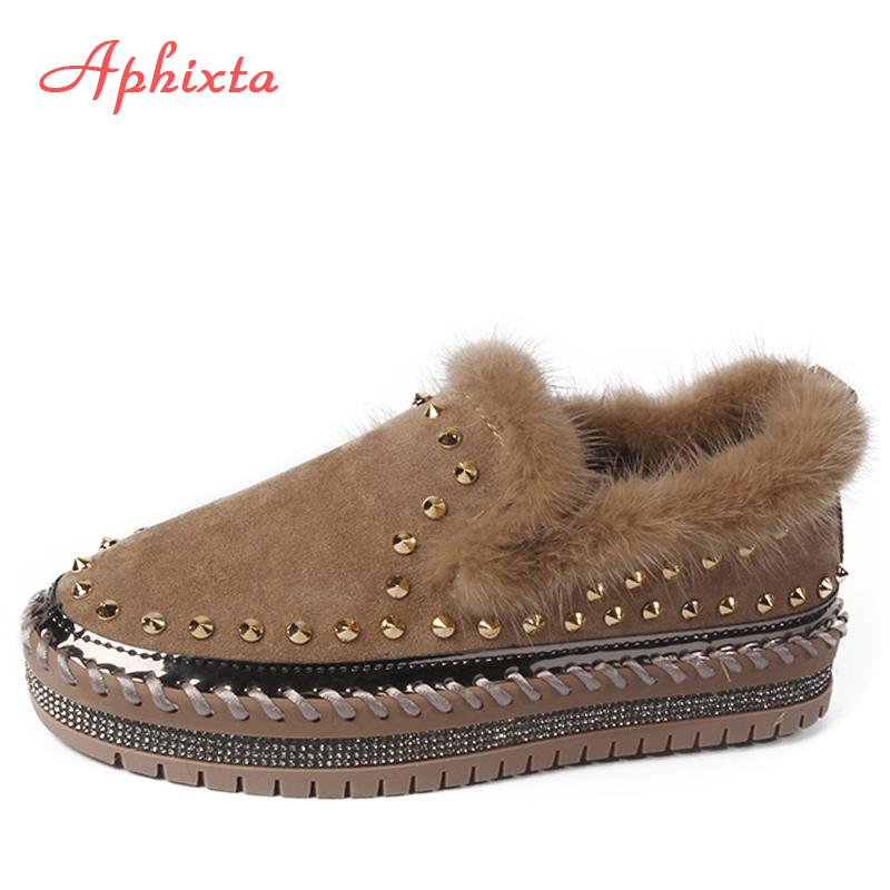 Aphixta Real Mink Fur Shoes Women Flats Luxury Rivets Hand Stitching Winter Shoes Woman Crystals Slip-on Platform Footwear