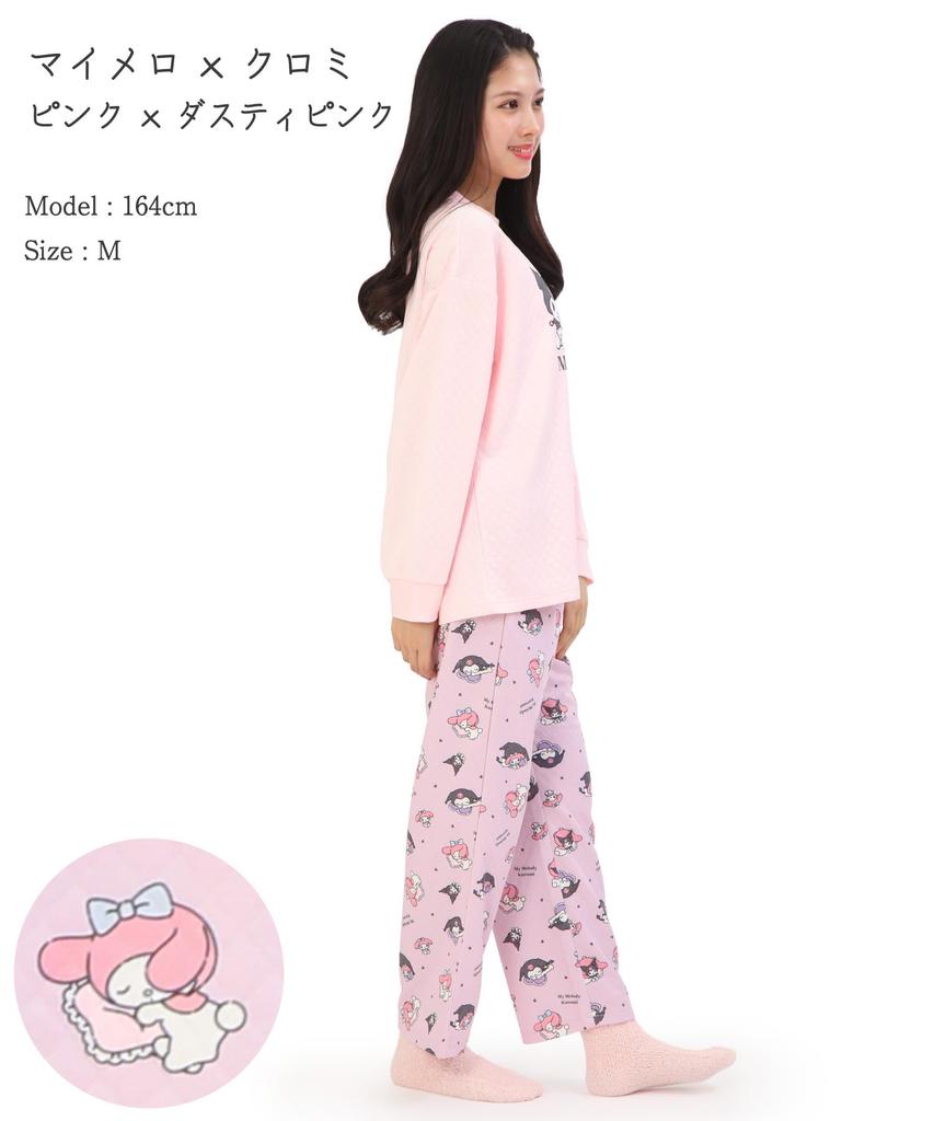 SAZAC My Melody Kuromi Pajamas for Dreamy My Melody x Long Open Knit Quilt Top and Bottoms Loungewear Women, Kuromi, Sleeve, Front, Autumn/Winter Set,