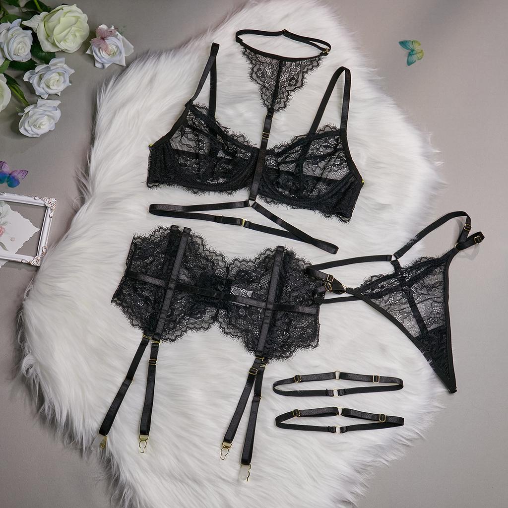 Sexy Lingerie Three-Piece Lace with Halter Foot Ring
