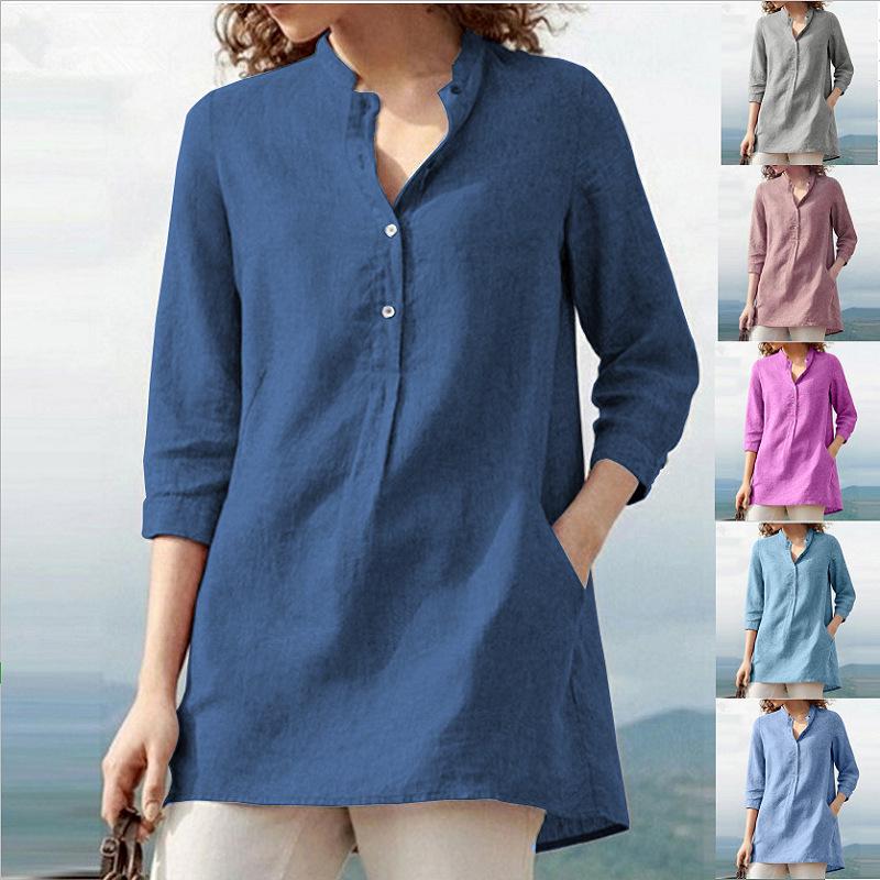 2023 European/American Style Long-Sleeve Cotton Linen Lapel Shirt Dress with Pockets