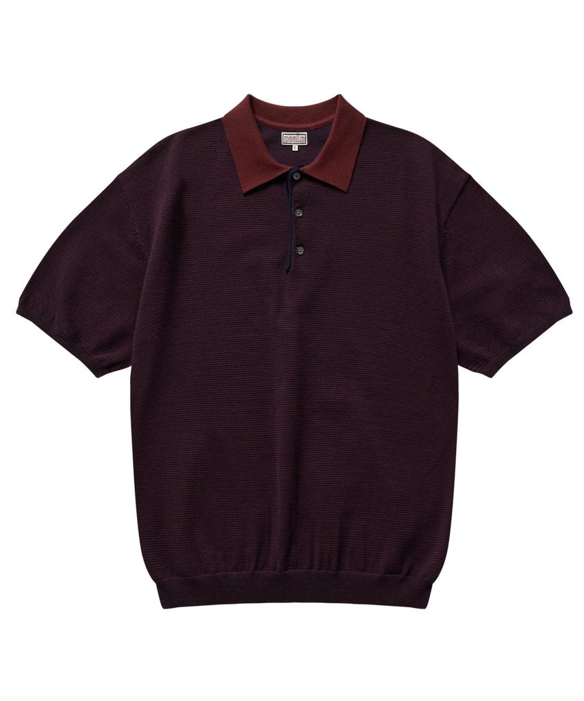 Pilpeu Half-Open Collar Short-Sleeved Stripe Knit (Navy)