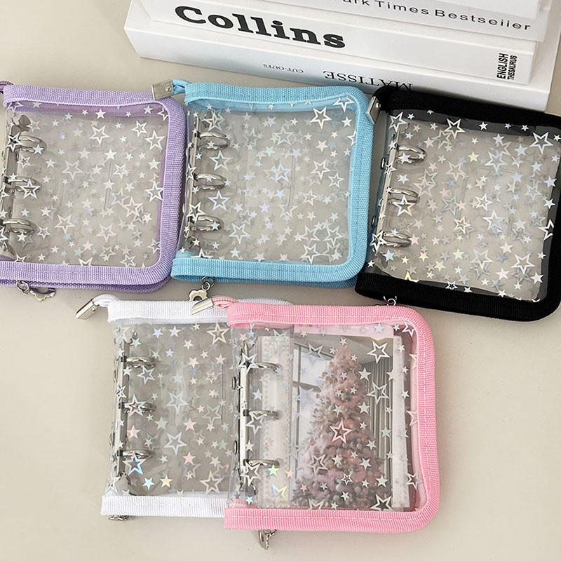 Mini PVC 3-Ring Binder Laser Star Design Zipper Closure Transparent Album For Photo Card Storage Memory Keeping Collecting Exquisite Fast Delivery