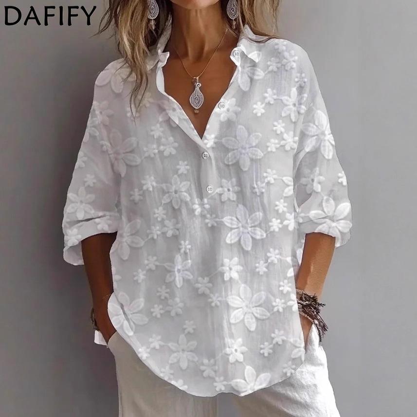 DAFIFY Women's Fashion Casual Summer Spring Flower Pattern Print 3/4 Sleeves POLO Neck Blouses & Shirts