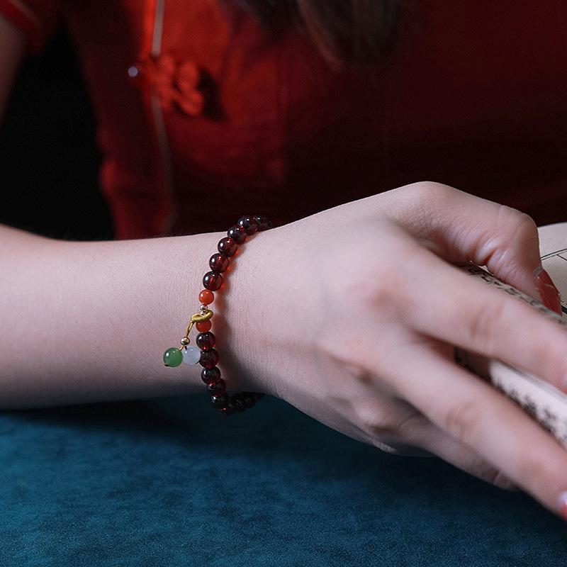 Burgundy Garnet Bracelet Female Niche Design Ethnic Style Natural Hetian Jade Diy Nanhong Bracelet