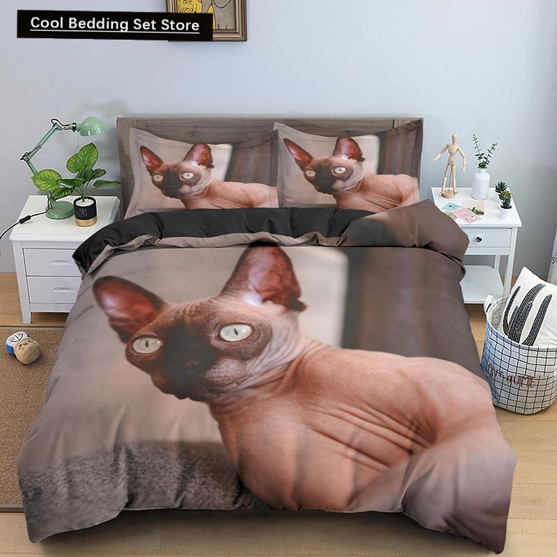Sphynx Cat King Queen Duvet Cover Lovely Pet Kitty Bedding Set for Kids Teens Adults Animal Grey 2/3pcs Polyester Quilt Cover