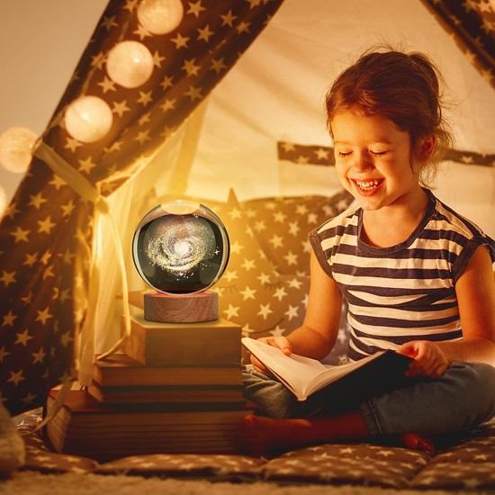 Galaxy 3D Crystal Ball Night Light with Wooden Base LED USB Table Lamp for Kids, Teens, and Home Decor