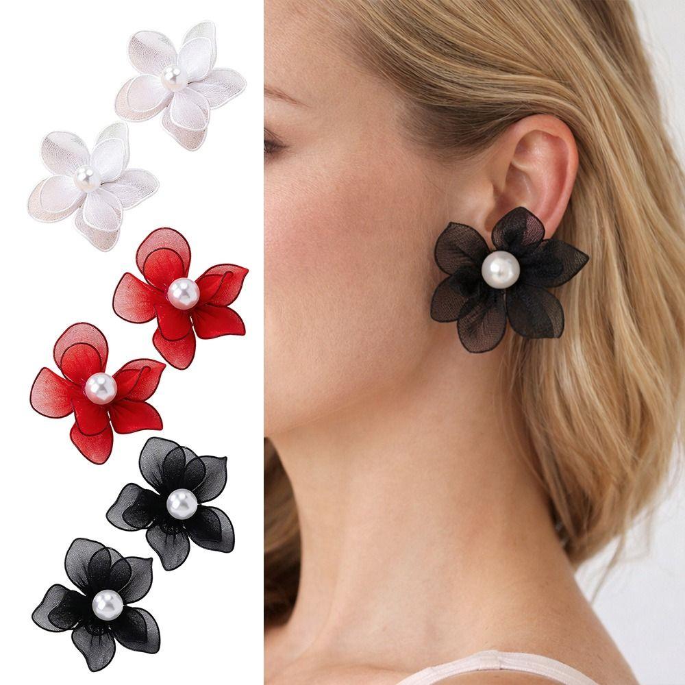 Mesh Petal Stud Earrings Fabric Women's Fashion Earrings Gifts Pearl Geometric Earring
