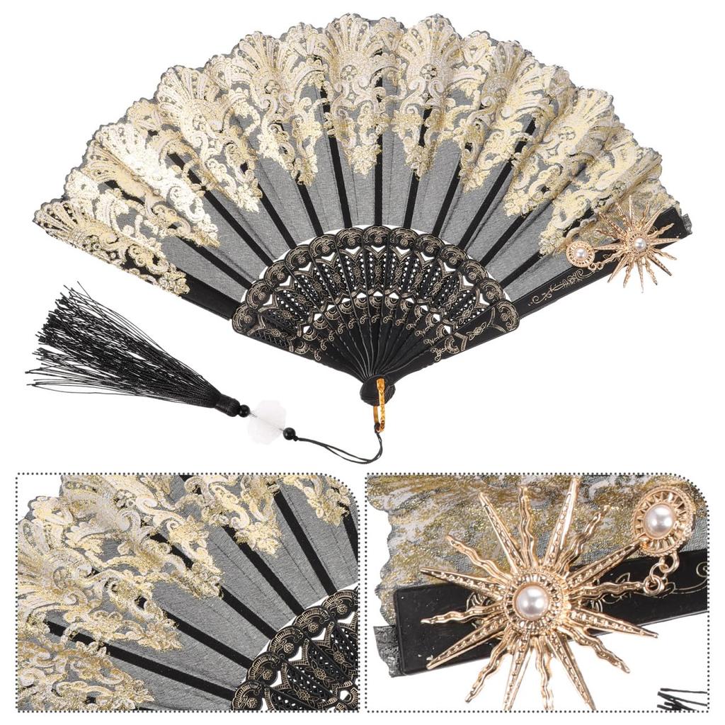 HOMSFOU Vintage Folding Fan with Tassel - Handheld Folding Fan, Vintage Design, for Women, Perfect for Summer Parties and Stage Props
