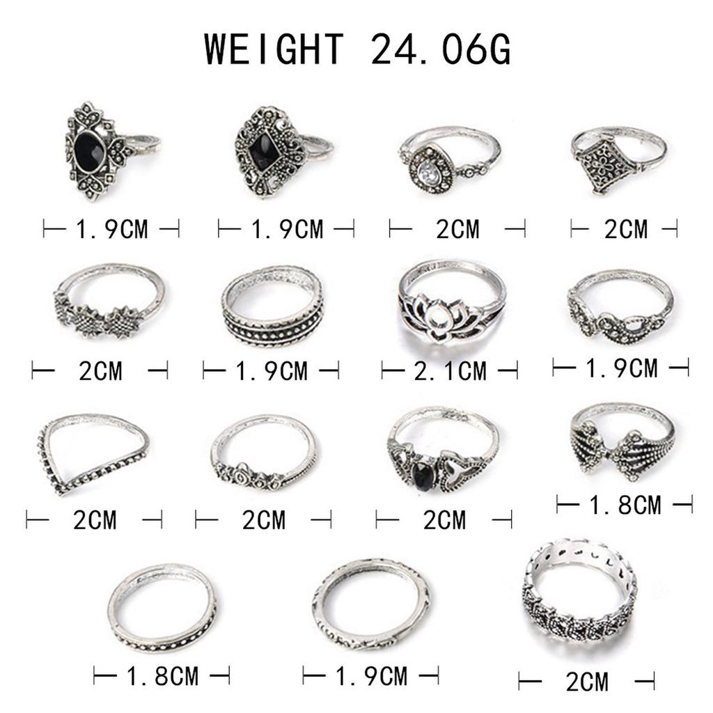 Boho 15 Stück/Set Punk Schwarzer Stil Ringe Set für Damen Mode Finger Blatt Ring Geburtstag Festival Geschenke Täglicher Vielseitiger Schmuck