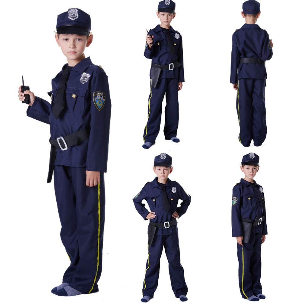 [SCLYX] Halloween Costume Kids Costume Boys Cool Police Cosplay Outfit with Hat Police Costume Kids Police Outfit Police Cosplay Kids Children Long