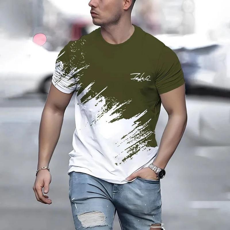 New men's T-shirt casual round neck breathable top fashionable color contrast printed men's T-shirt fun 3D T-shirt street fashio