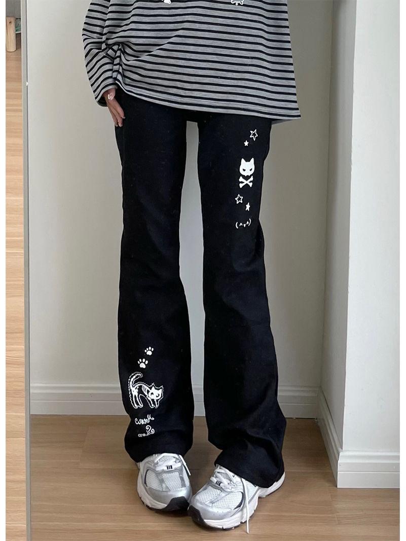 

Джинсы с высокой посадкой и принтом черепа - Приталенные, Свободные, Прямые, Повседневный весенний стиль Double Extra Large чёрный