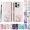Bunte Zeichnung Wallet Hülle für iPhone 11 12 13 Pro Max Mini XR XS 10 X Stoßfest Ständer Kartenhalter Riemen Flip Handyhülle