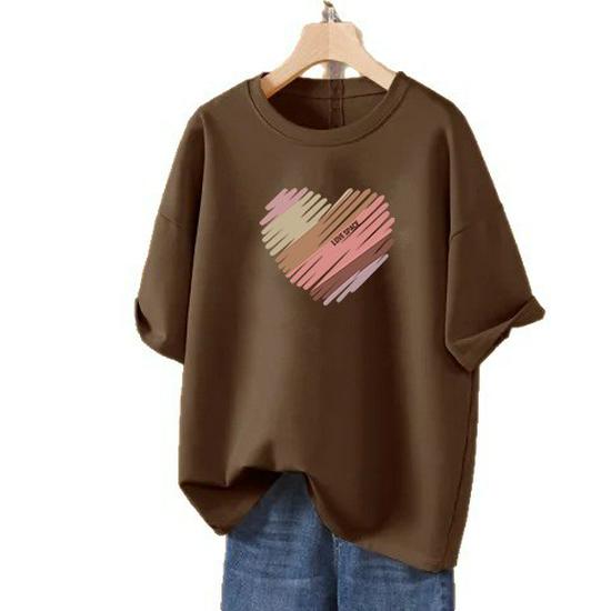 2026 Women's Korean Style Heart Print Slimming Loose Fit Mid-Length Short Sleeve Tee