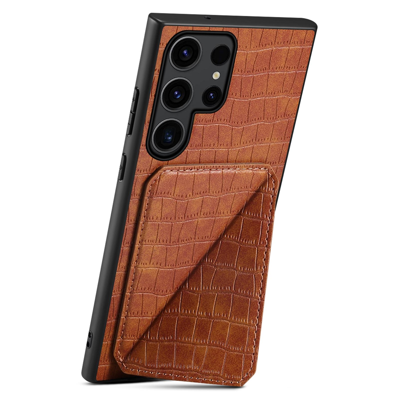 

For Samsung Galaxy S25 Ultra Case with Card Holder Leather+PC+TPU Crocodile Textured Back Cover Brown