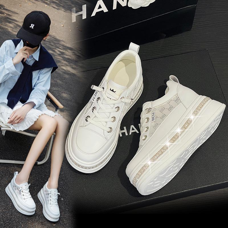 Genuine Leather White Shoes for Women Thick Sole Single Mesh Breathable Inner Height Increase All-match Casual Sneakers