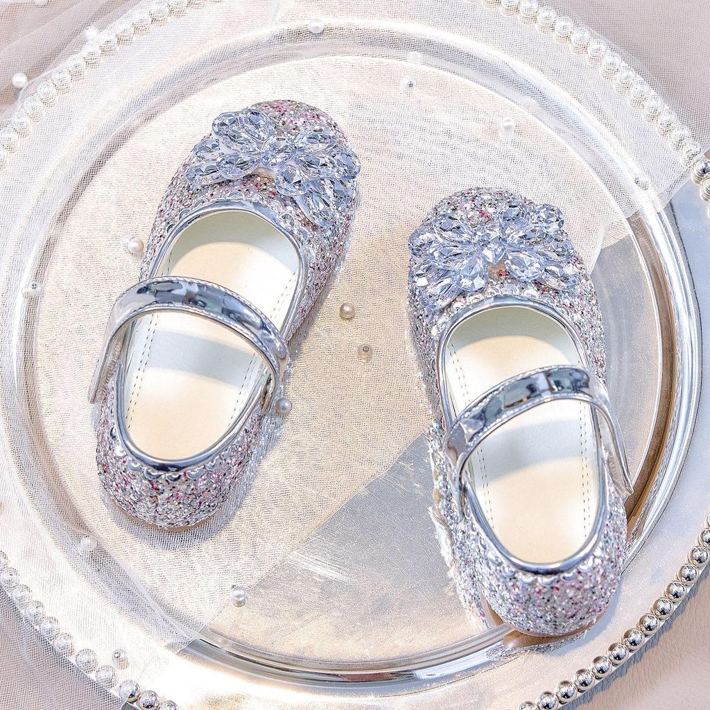 Korean Style Girls' Leather Rhinestone Princess Shoes - 2025 Spring/Autumn Soft Sole Fashion Flats