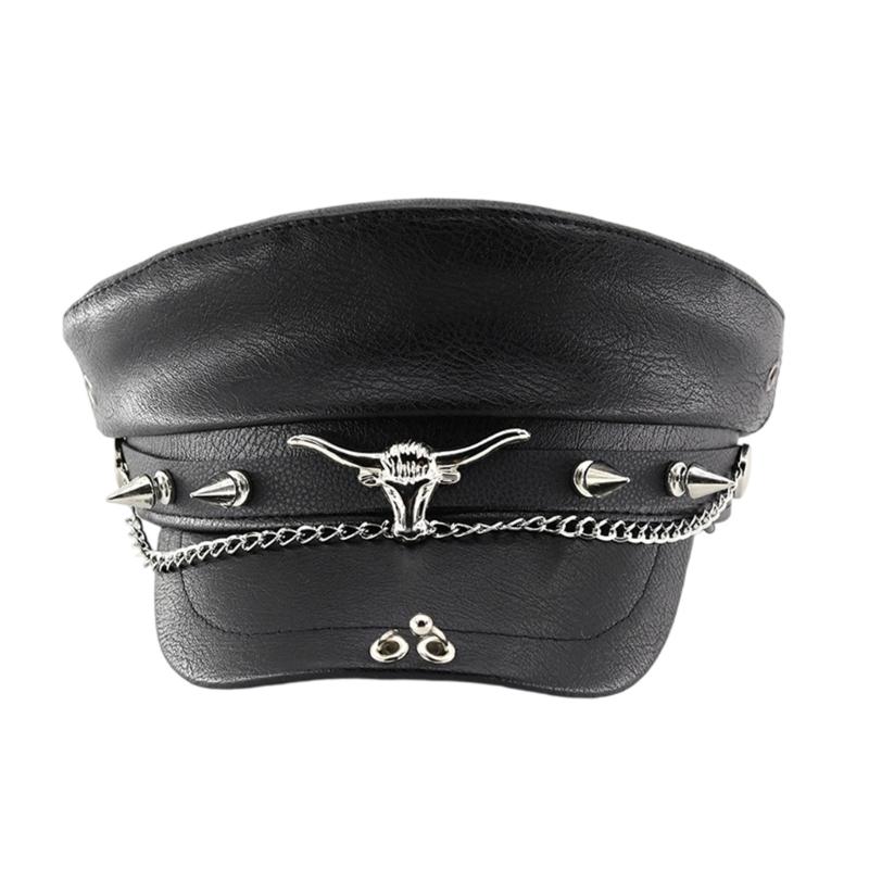 Contemporary Militaries Cap With Bullhead Rivet Chain Design Breathable Adjustable Outdoor Hat for Women Girls