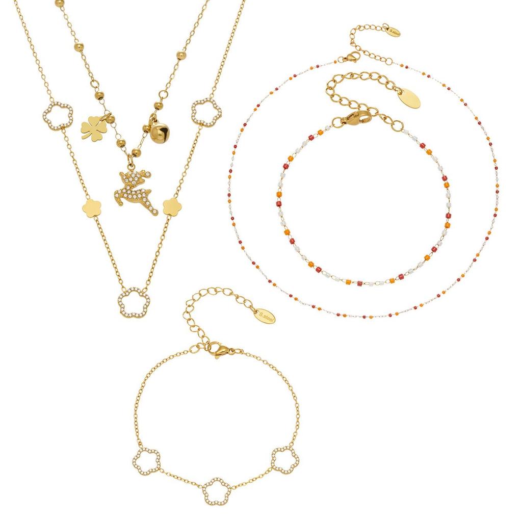 18k Gold Plated Stainless Steel Zirconia Flower Necklace & Bracelet Set with Natural Stone Beads - Light Luxury Jewelry.