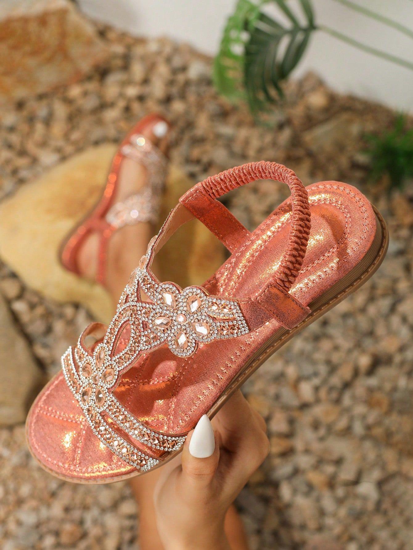 

Ladies large size hollow Sandals rhinestone flats Bohemian style comfortable women s Shoes Summer casual breathable shoe 43 помаранчевий