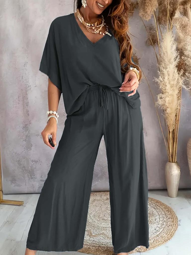 V-Neck Batwing Sleeve Casual Two-Piece Set with Wide-Leg Pants (2025) Women's Fashion