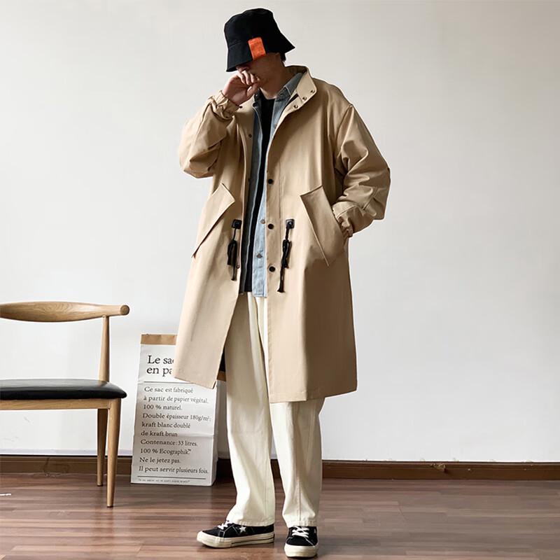 JEEP SPIRIT Men's Japanese Style Drawstring Mid-Length Trench Coat